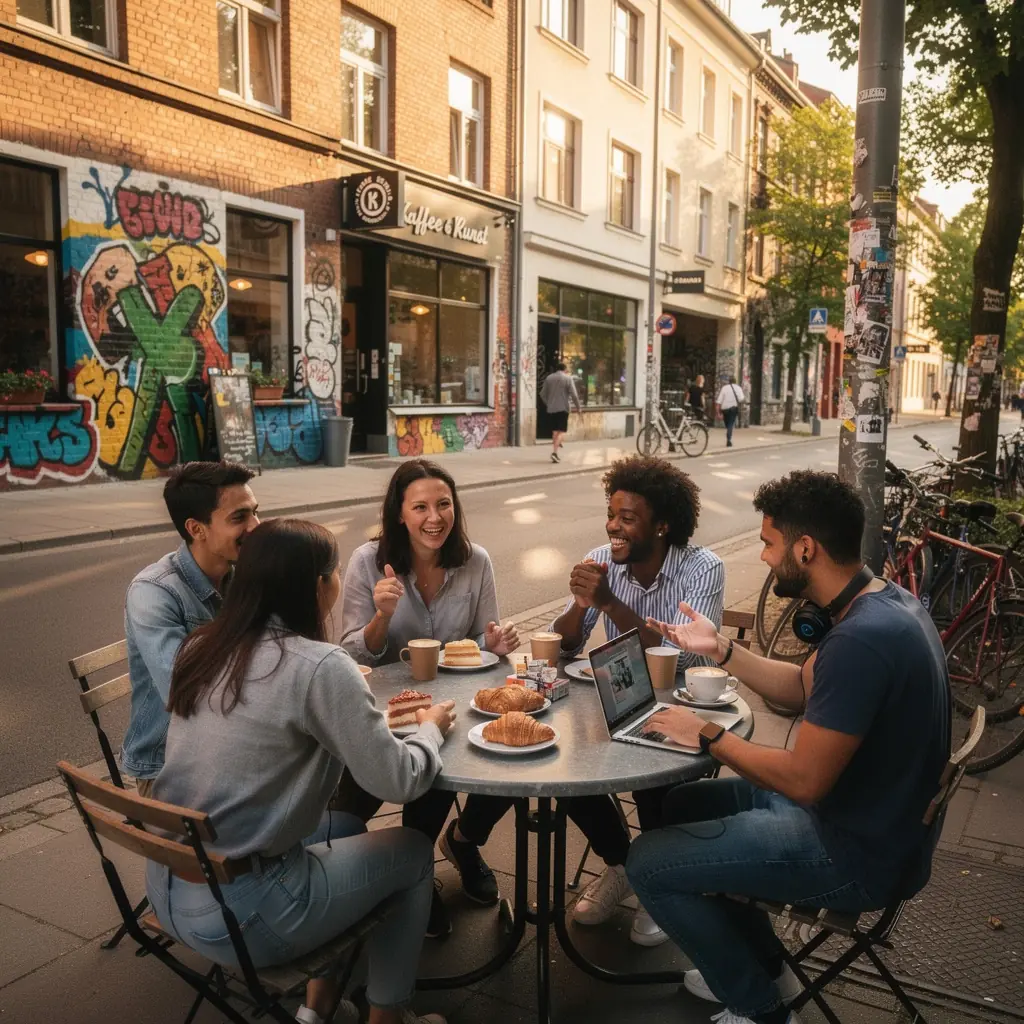 Eine Gruppe von Reisenden, die fröhlich durch eine charmante Gasse mit Fachwerkhäusern schlendern.